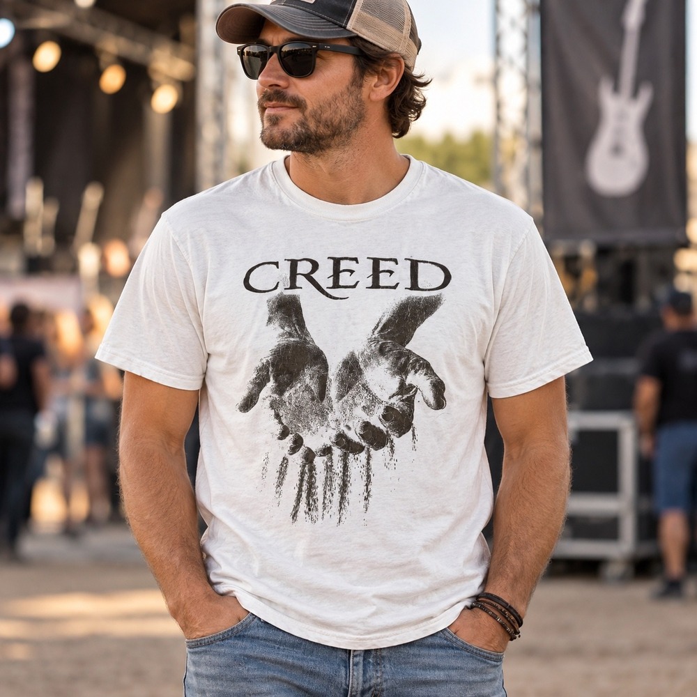 Creed Hands in Sand Band Graphic T-Shirt Mens Large White Rock Music Concert Tee